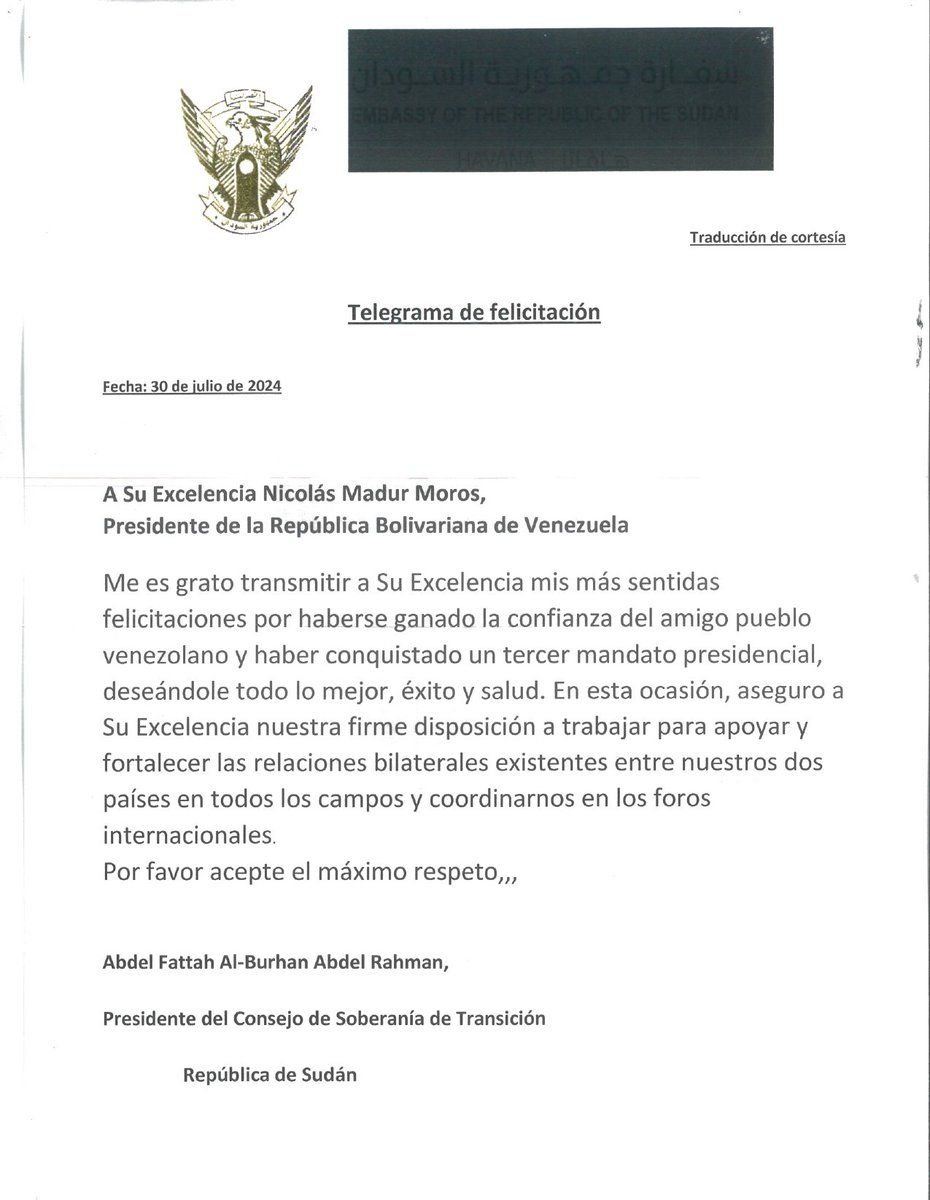 Yvan Gil (@yvangil) on Twitter photo Agradecemos al Presidente de Sudán, Abdel Fattah Abdelrahman Burhan, por sus cálidas felicitaciones al Presidente <a href="/NicolasMaduro/">Nicolás Maduro</a> tras su reelección y por sus buenos deseos para el pueblo venezolano. Venezuela continuará fortaleciendo la amistad y cooperación con Sudán para el Agradecemos al Presidente de Sudán, Abdel Fattah Abdelrahman Burhan, por sus cálidas felicitaciones al Presidente <a href="/NicolasMaduro/">Nicolás Maduro</a> tras su reelección y por sus buenos deseos para el pueblo venezolano. Venezuela continuará fortaleciendo la amistad y cooperación con Sudán para el