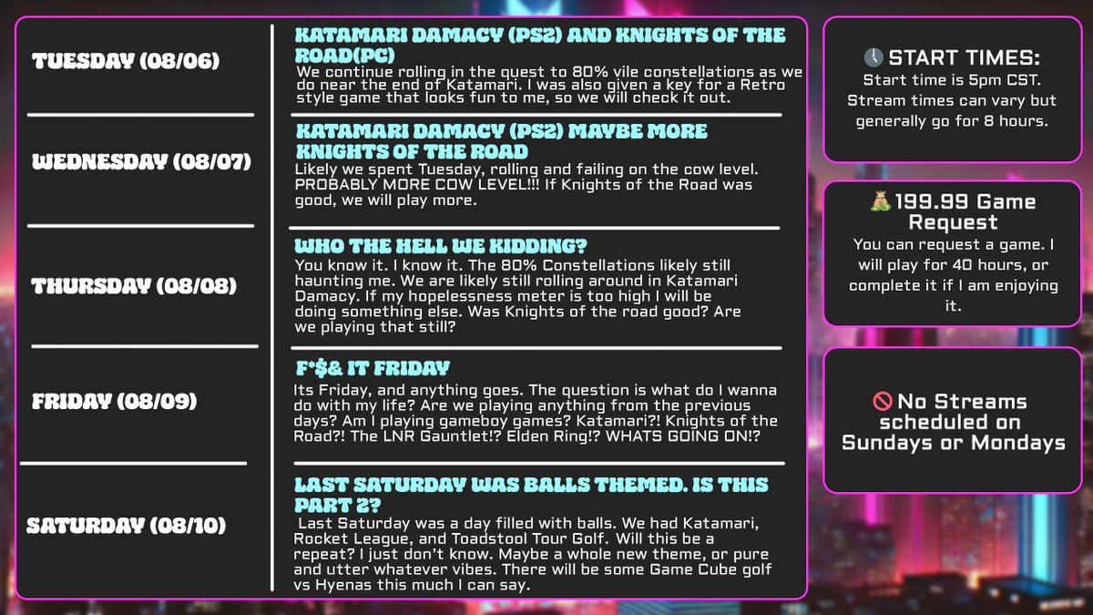 Shit. Well. Substitute Knights of the Road out of this schedule. I can't share any footage until its released on the 17th. Might be full blown Katamari week. I do have a retro inspired futuristic star shooter we might swap in, and I have been getting the itch to play some gameboy