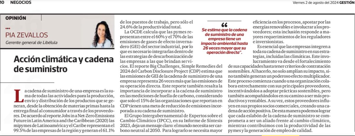 Es esencial que las empresas integren a toda su cadena de suministro en sus estrategias climáticas. 🌎

Conoce más en esta columna a cargo de <a href="/piazevallos/">Pia Zevallos</a>, gerente general de Libélula, publicada en el Diario <a href="/Gestionpe/">Diario Gestión</a>. 

👉 bit.ly/cadenacc