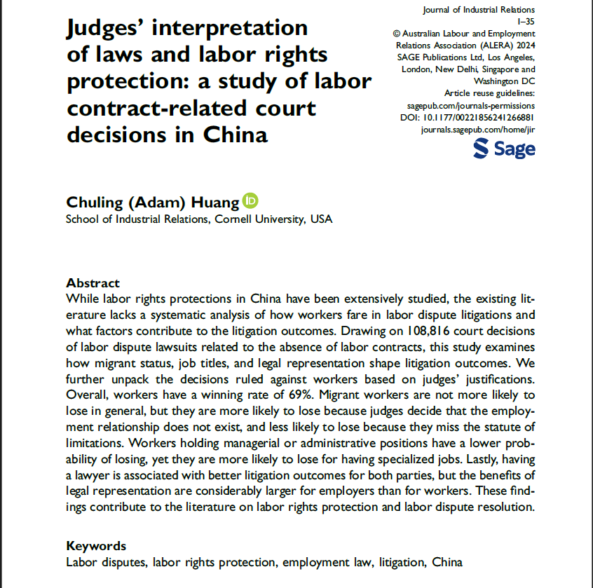 Adam Huang (@adamhuang97) on Twitter photo Happy to share my latest publication <a href="/JIRjournal/">Journal of Industrial Relations</a>! I study how extralegal factors (migrant status, job title, and legal representation) shape workers' outcomes in labor dispute litigations in China.
doi.org/10.1177/002218… Happy to share my latest publication <a href="/JIRjournal/">Journal of Industrial Relations</a>! I study how extralegal factors (migrant status, job title, and legal representation) shape workers' outcomes in labor dispute litigations in China.
doi.org/10.1177/002218…