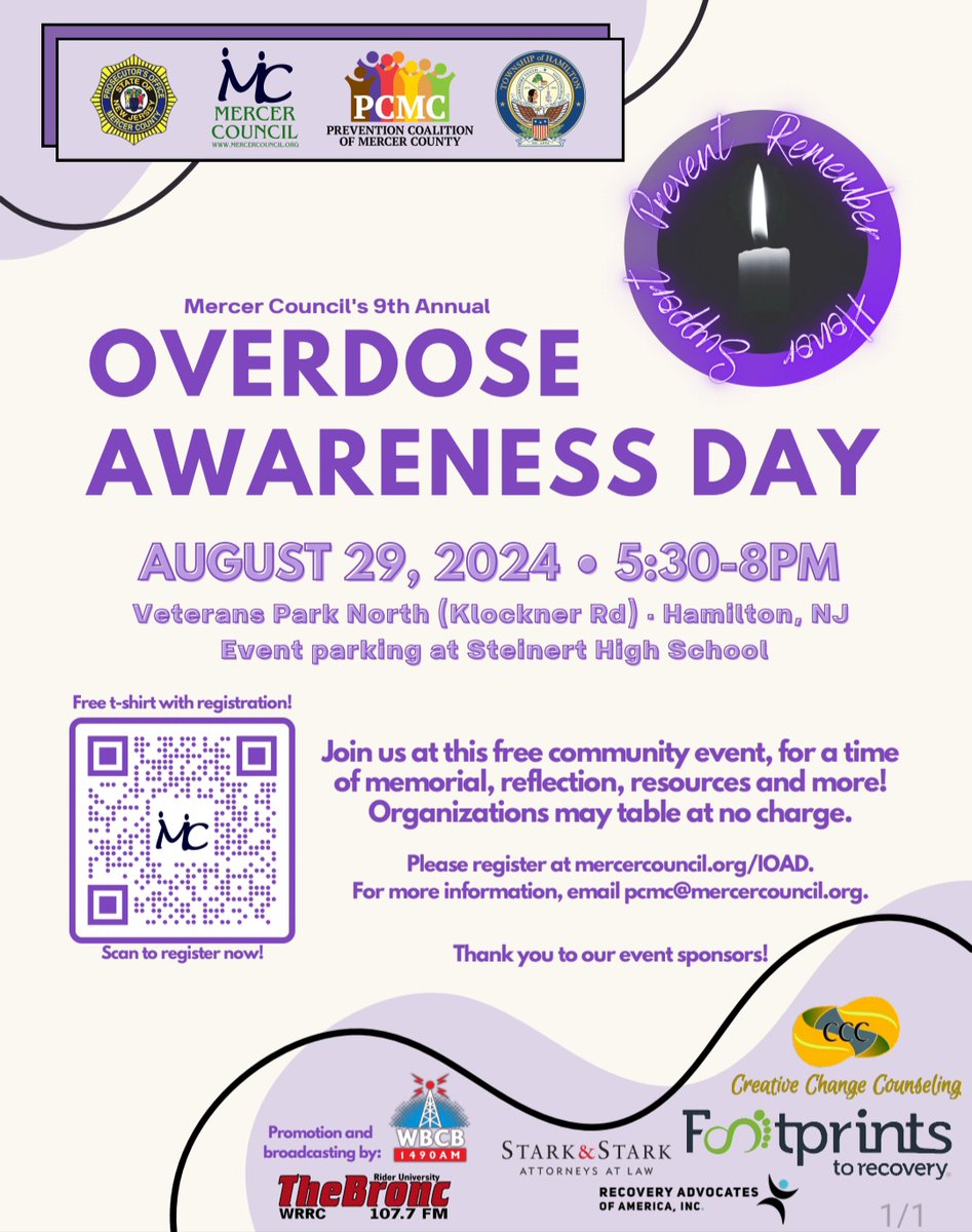 MercerCoPros's tweet image. Please join @MercerCoPros @HamiltonTwpNJ the #MercerCouncilonAlcoholismandDrugAddiction and the #PreventionCoalitionofMercerCounty for their 9th Annual #InternationalOverdoseAwarenessDay on August 29, 2024. Register today! #IOAD #Endoverdose #IOAD2024