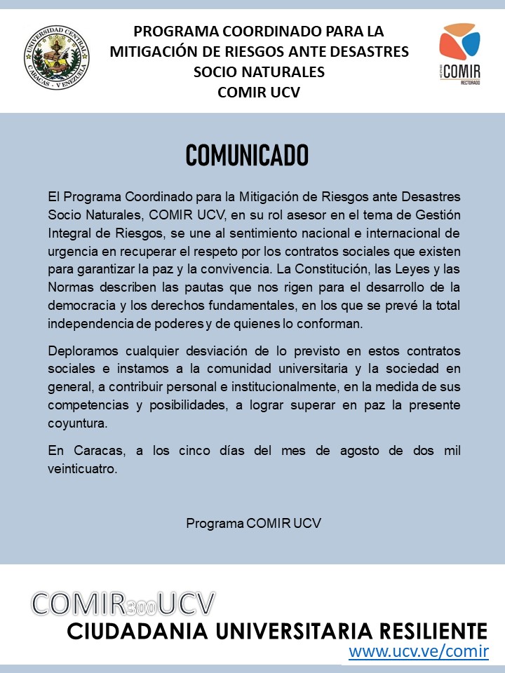 COMIR_UCV's tweet photo. #Comunicado "...recuperar el respeto por los contratos sociales que existen para garantizar la paz y la convivencia." #DDHH #UCV #culturadepaz #ciudadania #resiliencia 🗳🕊 https://t.co/n27YjfVhHk