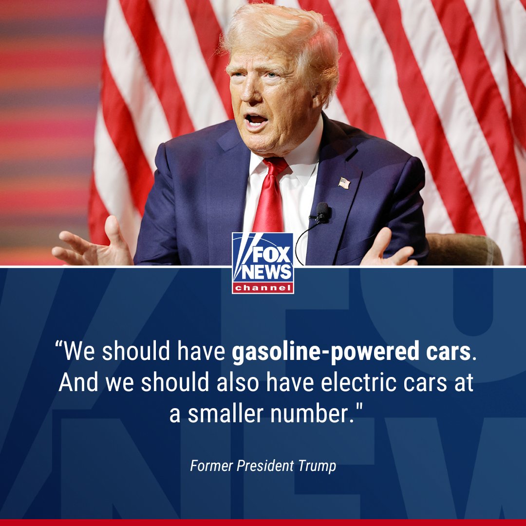 FoxNews's tweet photo. REVVED UP: Trump rips Biden’s climate-friendly agenda to force electric cars onto Americans. The former president reveals his economic plan to relieve Americans from financial stress. https://t.co/4UUJniJXsQ https://t.co/OfYnUxgmiH
