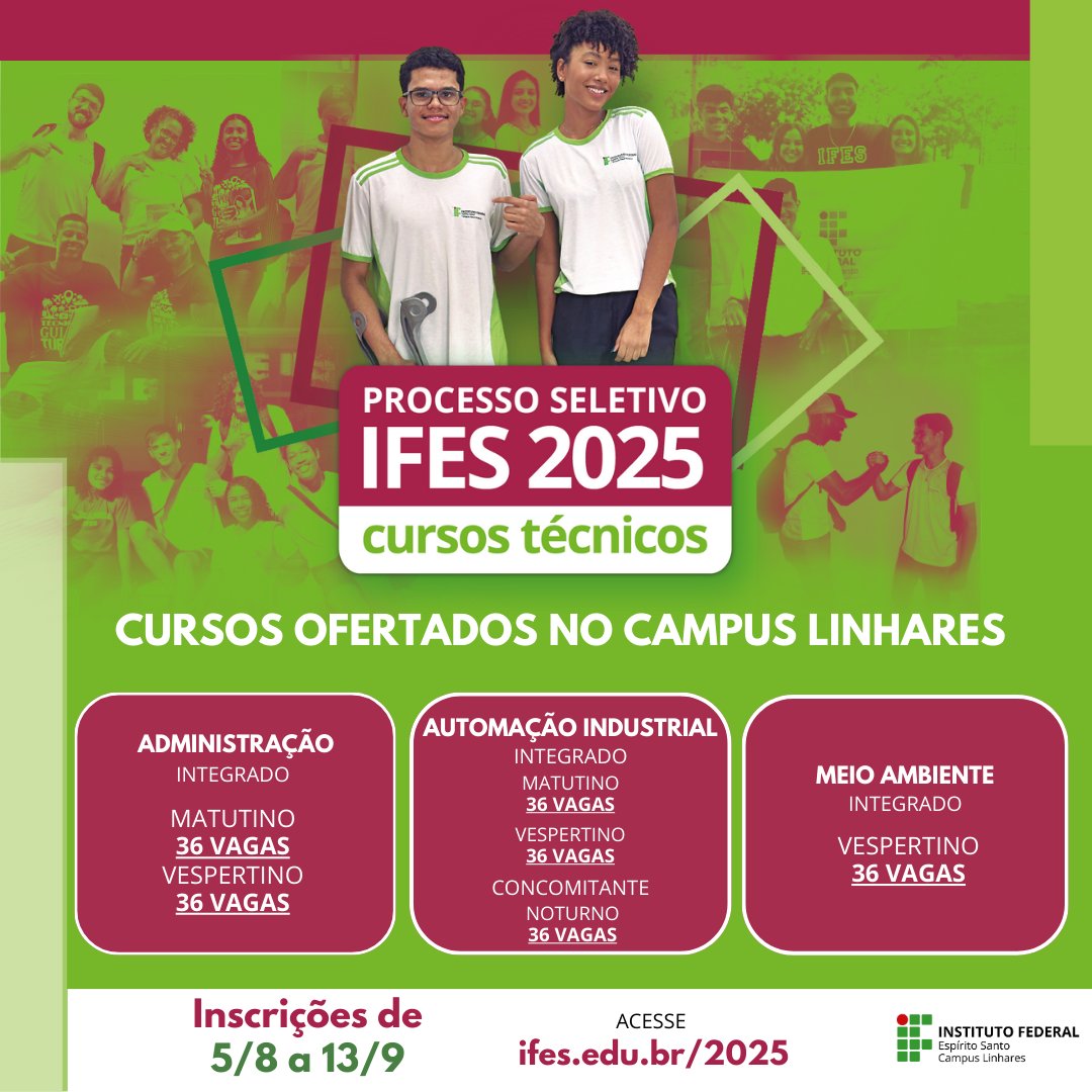 As inscrições para o processo seletivo dos cursos técnicos com ingresso no 1º semestre de 2025 estão abertas para os cursos técnicos integrados, concomitantes e subsequentes . Você já pode acessar o site ifes.edu.br/2025 para conferir o edital e realizar sua inscrição.