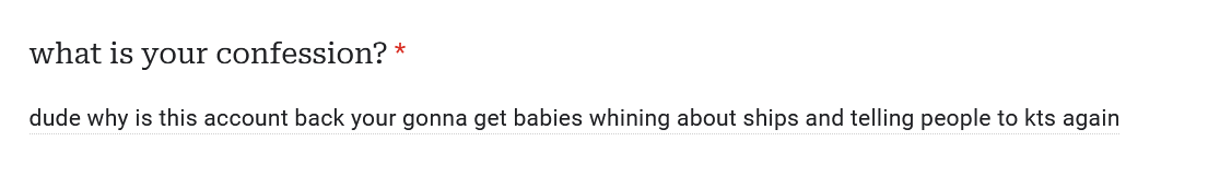 gftwtconfess's tweet photo. "dude why is this account back your gonna get babies whining about ships and telling people to kts again"

(admin) that's why i'm not posting most negative stuff <3 hope this helps https://t.co/Pz1EhPOiDi