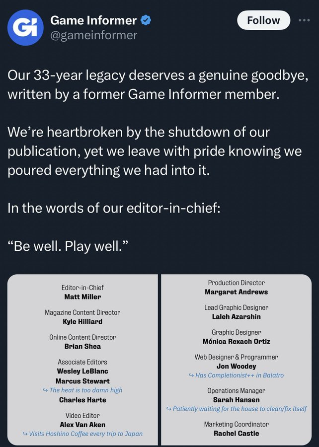 SuperRyguy64's tweet photo. I really only get on here any more to bug conservative grifters but man...@GameStop shutting down @GameInformer is very, very sad.  

RIP GI

My hearts goes out to the former staff </3 https://t.co/z80V7P2oA8