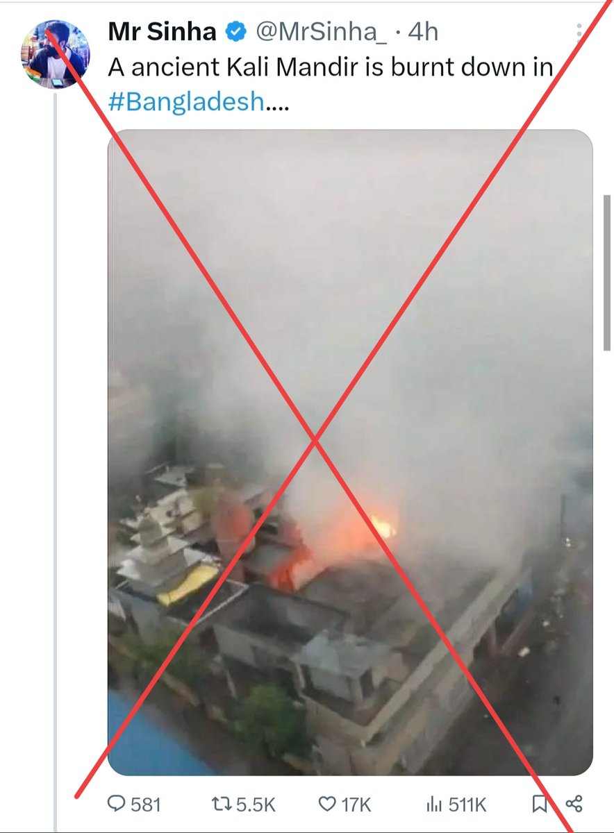 zoo_bear's tweet photo. Fake News of Temple being burnt in Bangladesh was shared by right wing propagandist @mrsinha. 
He has now deleted it minutes after getting called out and tagging @WBPolice 
They are intentionally sharing such fake news because there won't be any action against them in India. https://t.co/6uvMZ4h8lP
