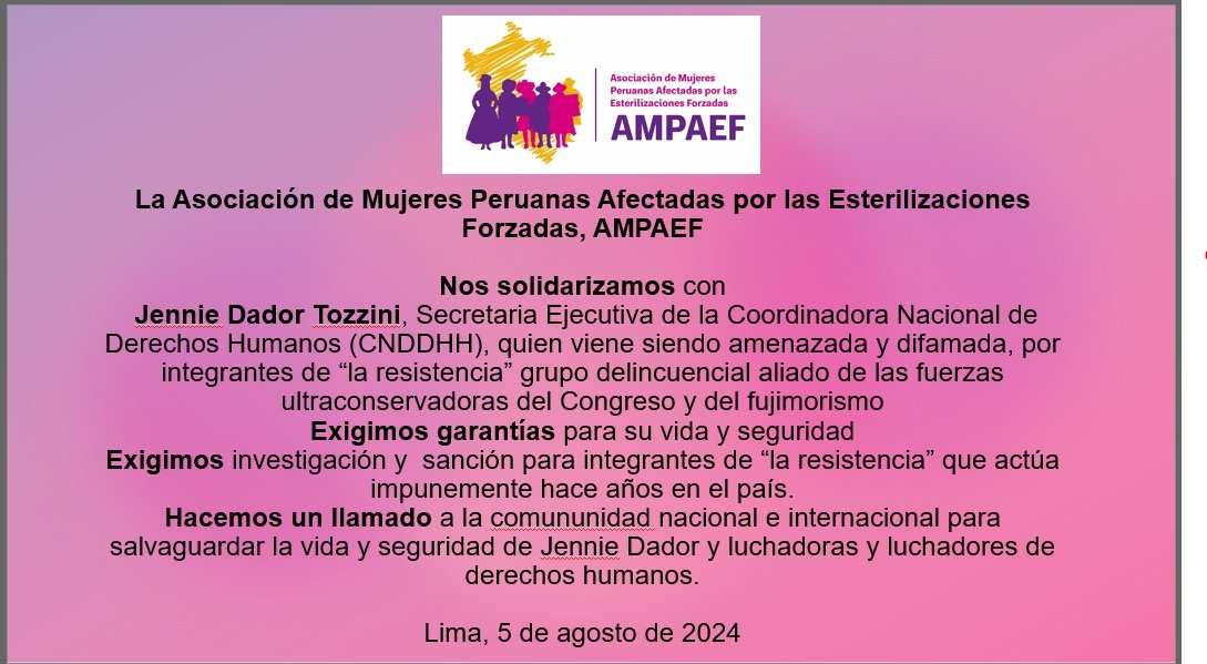 ampaef's tweet photo. AMPAEF SE SOLIDARIZA CON JENNIE DADOR
@MinjusDH_Peru @CIDH @Defensoria_Peru @elcomercio_peru @larepublica_pe @Latina_pe @noticias_tvperu @ATVNoticiasAD @noticiAmerica https://t.co/5Pap9OcEjb