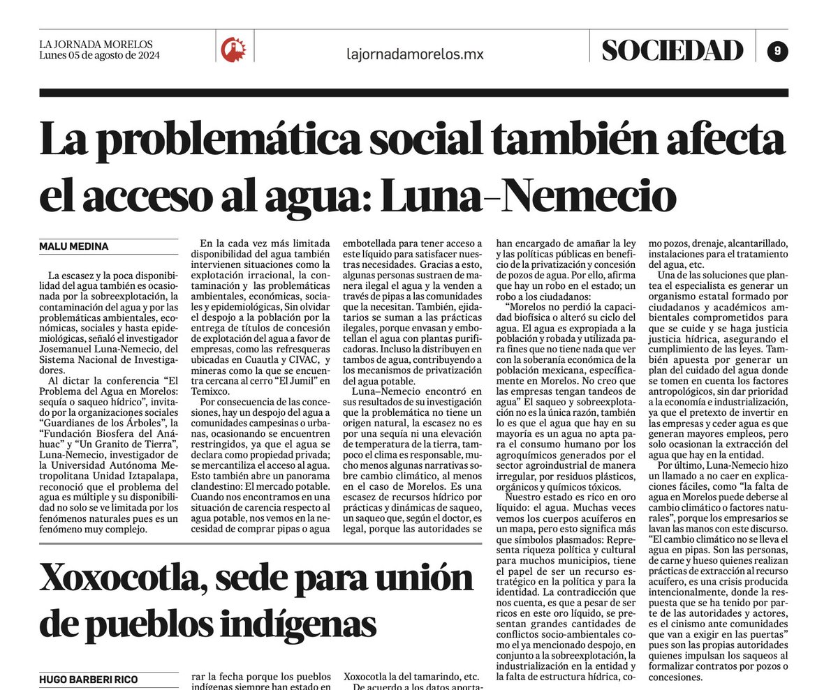 Josemanuel Luna-Nemecio (@josmaluna) on Twitter photo Hola queridos, el día de hoy publicaron una nota en la <a href="/JornadaMorelos/">Jornada Morelos</a> que recupera lo que expulse en mi conferencia sobre el problema hídrico en Morelos.
Les dejo el link por si gustan leerla:
lajornadamorelos.mx/.../la-problem…
<a href="/CipolUAM/">Coordinación en Ciencia Política de la UAM-I</a> <a href="/DSociologiaUAM1/">DepartamentoDeSociologia</a> <a href="/divisioncshuami/">División CSH UAMI</a> Hola queridos, el día de hoy publicaron una nota en la <a href="/JornadaMorelos/">Jornada Morelos</a> que recupera lo que expulse en mi conferencia sobre el problema hídrico en Morelos.
Les dejo el link por si gustan leerla:
lajornadamorelos.mx/.../la-problem…
<a href="/CipolUAM/">Coordinación en Ciencia Política de la UAM-I</a> <a href="/DSociologiaUAM1/">DepartamentoDeSociologia</a> <a href="/divisioncshuami/">División CSH UAMI</a>