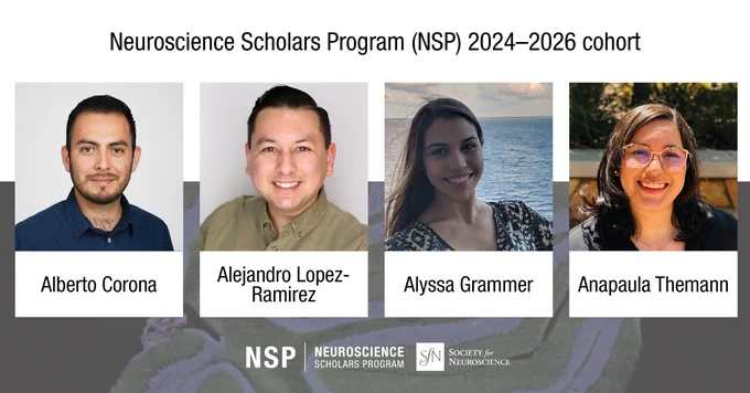 Scientific background. Neuroscience Scholars Program (NSP) 2024–2026 Cohort. Headshot of Alberto Corona. Headshot of Alejandro Lopez-Ramirez. Headshot of Alyssa Grammer. Headshot of Anapaula Themann. Neuroscience Scholars Program logo. Society for Neuroscience logo. 