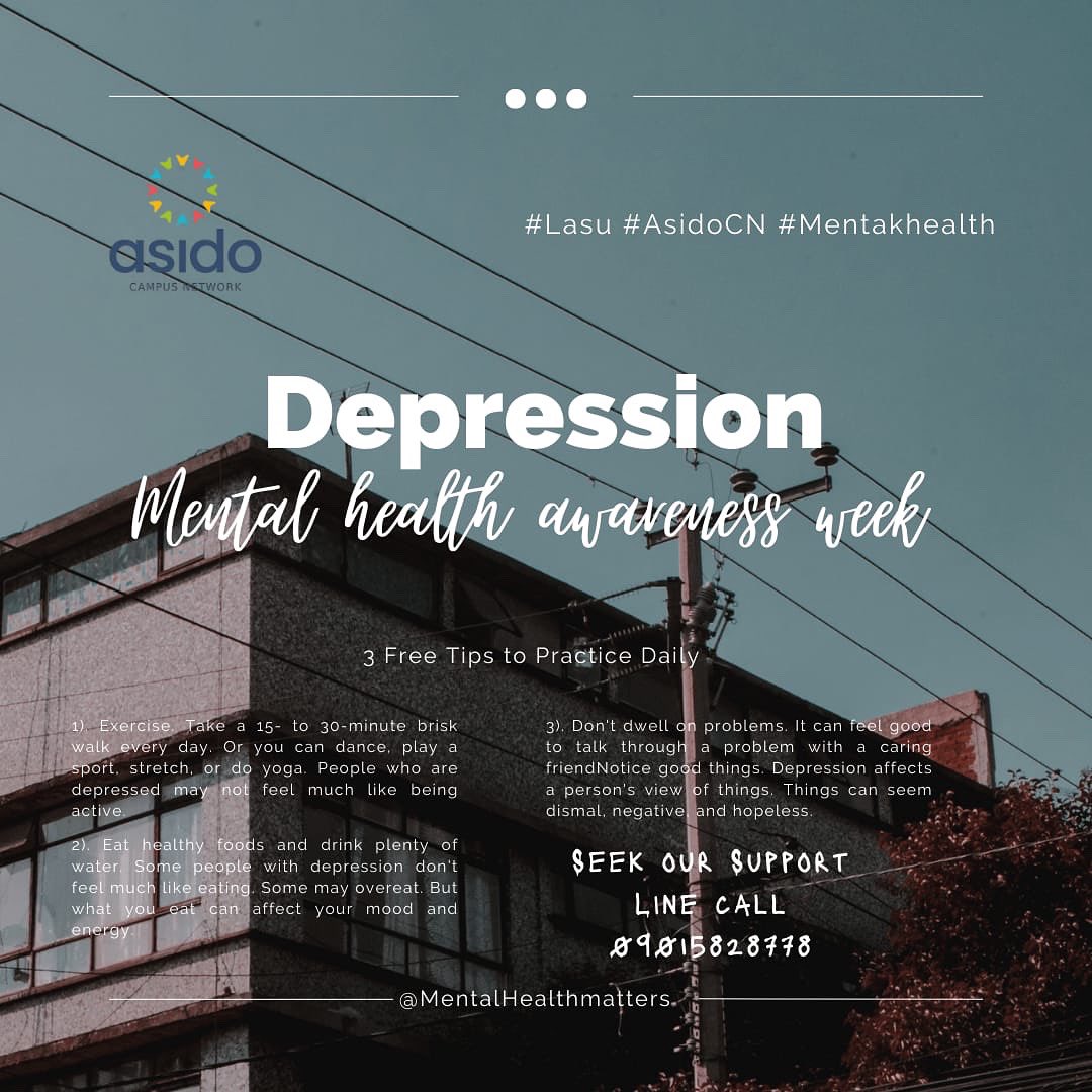 acnLASU's tweet photo. Depression is real
Before you slowly and involuntarily slip into depression, practice these 3 tips daily and watch how you will go from 0 to 100.

For Mental Health related issues,
Connect with us on WhatsApp via the link below.
ANNOUNCER:
ASIDO MENTAL HEALTH CAMPUS NETWORK, LASU https://t.co/bNP0AZBuVR