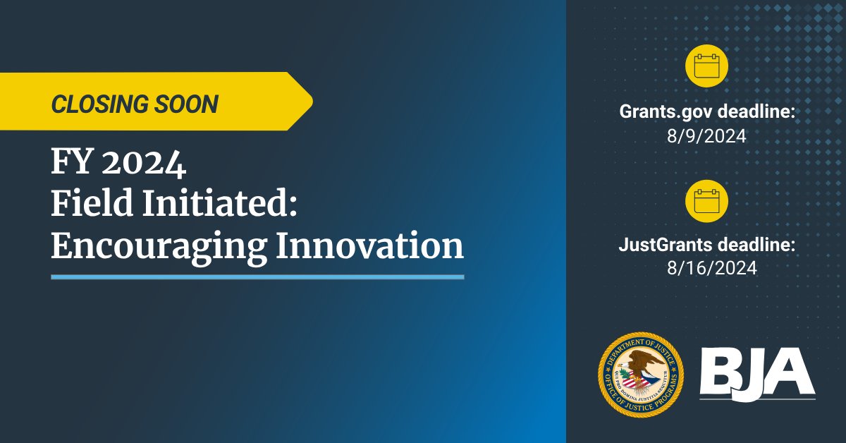 DOJBJA's tweet photo. Closing soon: BJA seeks seeks to support new and innovative strategies for preventing and #reducingcrime, improving #communitysafety, and strengthening criminal justice system outcomes.
Learn more: https://t.co/tLQt0LcryG https://t.co/jTYmQaWWrz