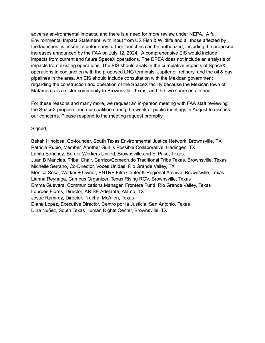 TODAY: Rio Grande Valley Organizations sent a letter to Congressman Vicente &amp; the Federal Aviation Administration <a href="/FAANews/">The FAA ✈️</a> about the dangers of SpaceX rocket launches &amp; the need for a full environmental review.

Signed by <a href="/VocesUnidasRGV/">Voces Unidas RGV</a>, <a href="/FronteraFundRGV/">Frontera Fund</a>, <a href="/truchargv/">Trucha</a>, and others.