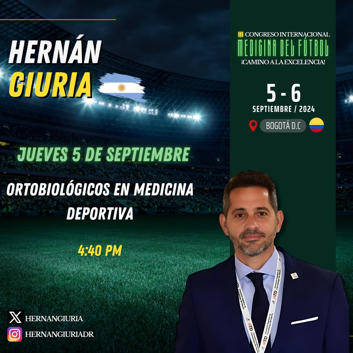 III Congreso Internacional de Medicina del Fútbol 🩺⚽️

Ponencia

Ortobiológicos en medicina deportiva: Update 2024

Ponente: Hernán Giuria <a href="/HernanGiuria/">Dr. Hernan Giuria</a> 

📅 Jueves 5 de septiembre 
🕒 4:40pm

¡Inscríbete en equidadclubdeportivo.coop/congresointern…! 🚨

#EquidadCM24