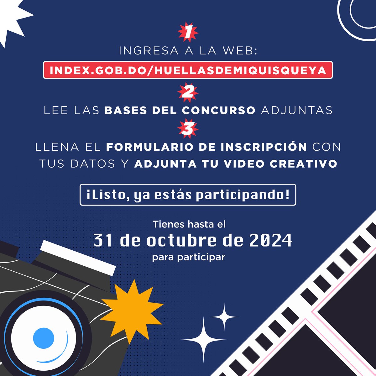 Indexdomrd's tweet photo. ¡Convocatoria abierta para nuestro concurso #HuellasDeMiQuisqueya - 3ra edición! 👣🌴📹
Conoce los pasos para participar. La convocatoria cierra este 31 de octubre, ¿qué estás esperando? 🙌
#INDEXDOMRD #HuellasDeMiQuisqueya https://t.co/6IaPIlAWN5
