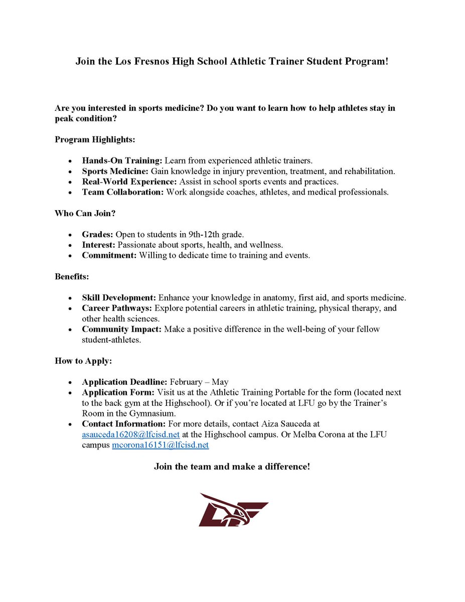 CTELFCISD's tweet image. Health Science students! ⚽️🏀🏈 Want to learn sports medicine? Join our Athletic Trainer Student Program! Hands-on training, real-world experience. Apply now! #lfhs #athletictrainer #sportsmedicine