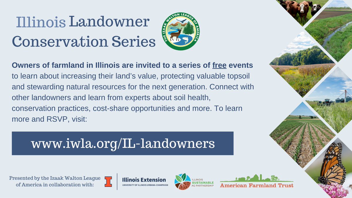 Join this series of FREE events designed to help you implement conservation practices on your farmland. Farmland owners with land in Central Illinois are especially encouraged to attend. <a href="/IWLA_org/">Izaak Walton League of America</a> <a href="/ILextension/">Illinois Extension</a> <a href="/Farmland/">American Farmland Trust</a> 

iwla.org/soils-agricult…