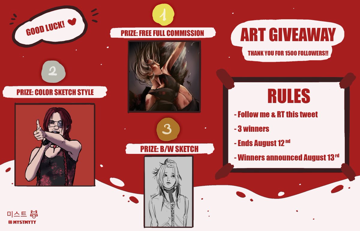 Well, I decided to hold an ART GIVEAWAY to thank y'all for the support and to spread a bit of positivity!!

- PRIZES:
🥇Full commission
🥈Color sketch
🥉B/W sketch

- RULES:
🖤Follow me
🖤RT this post
🖤3 winners

- ENDS:
🗓️ 12/08/2024