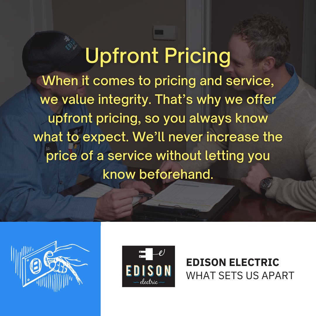EdisonElectric1's tweet image. At Edison Electric, transparency is key. Our commitment to upfront pricing ensures no surprises—just honest, reliable service every time. Experience the difference with Edison Electric! 💡 #EdisonElectric #UpfrontPricing