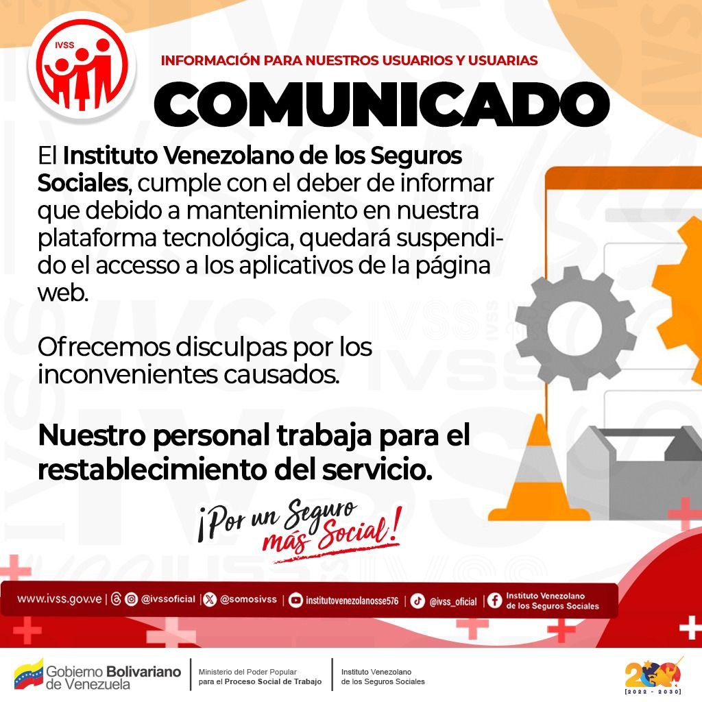 OACARORAIVSS's tweet photo. Informamos a las usuarias y usuarios que nuestra plataforma web se encuentra actualmente en proceso de mantenimiento.
Ofrecemos disculpas por las molestias ocasionadas.

#PatriaSoberanaYPlena 🇻🇪 https://t.co/5C4IecjUxv