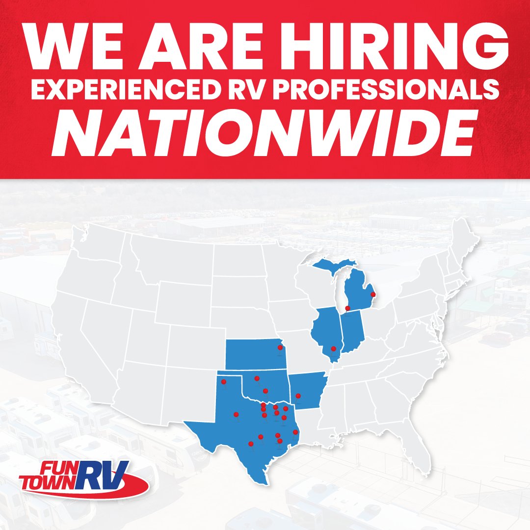 FunTownRV's tweet image. Are you an experienced RV Professional?
We want to hire you!

Fun Town RV is seeking talented individuals for all positions!
We are an expanding dealership network that has locations NATIONWIDE with positions available such as: General Managers, Sales Managers, Finance, &amp;amp;…