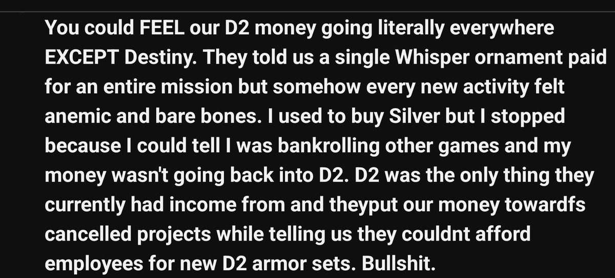 What a comment on my recent video. Bungie should put this in a slideshow for their next town hall. Thoughts?