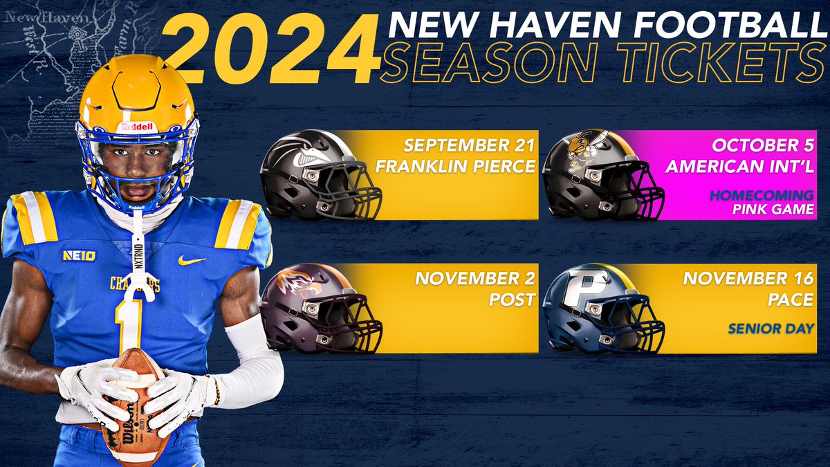 UNewHavenATH's tweet photo. Season tickets for the 2024 New Haven football season are on sale now! Season ticket packages include 4⃣ regular season games on the Blue and Gold turf and can be secured in either Reserved Seating or General Admission 

🔗 https://t.co/rv3jBIyxlK https://t.co/Rc5D2F5jCX