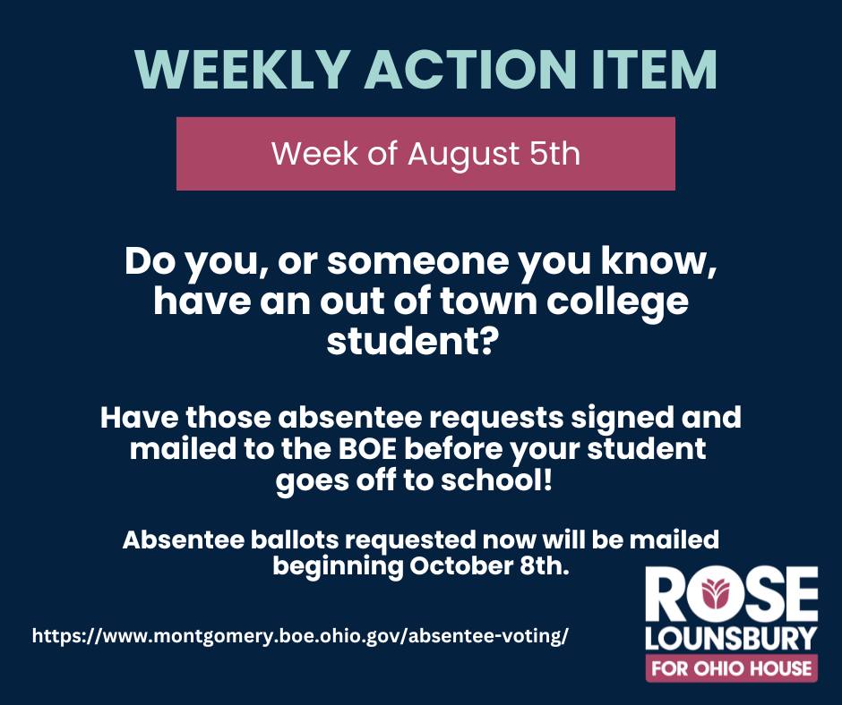 roseforohio's tweet photo. Do you, or someone you know, have an out of town college student? Have those absentee requests signed and mailed to the BOE before you student goes off to school. Ballots requested now will be mailed beginning October 8th! #HD36 #BackToSchool

https://t.co/eEQzOnPJj4 https://t.co/jNzsgU0ZDg