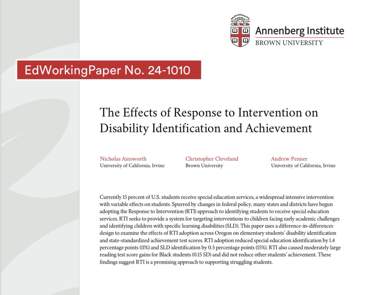 Nick Ainsworth (@nick__ainsworth) on Twitter photo Excited to share a new EdWorkingPaper out with <a href="/christocleve/">Christopher Cleveland</a> and @ampenner on the effects of Response to Intervention (RTI) on K-5 students.
tldr: RTI reduced SpEd identification rates and produced reading test score gains for Black students. 1/N
edworkingpapers.com/sites/default/… Excited to share a new EdWorkingPaper out with <a href="/christocleve/">Christopher Cleveland</a> and @ampenner on the effects of Response to Intervention (RTI) on K-5 students.
tldr: RTI reduced SpEd identification rates and produced reading test score gains for Black students. 1/N
edworkingpapers.com/sites/default/…