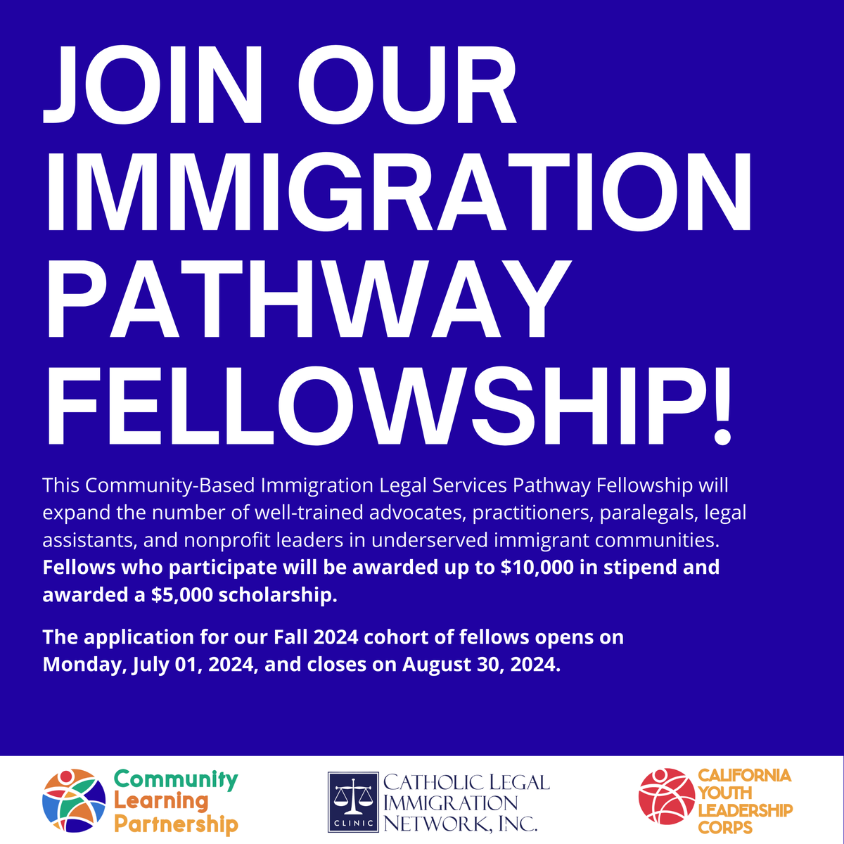 CLPchangeagents's tweet photo. As the deadline is soon approaching we encourage you to share our Immigration Pathway Fellowship Pathway Program with your community.

The application for our Fall 2024 cohort of fellows opens July 01, 2024, and closes on August 30, 2024.

Learn more: https://t.co/sbWHWgiWo5 https://t.co/mKQSRtKkTt