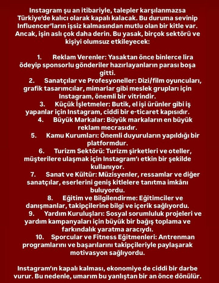 İnstagram kapandı!
Türkiye ekonomisine zarardır bu! 
Susmayın!
Evine ekmek götüren ve Instagram da satış yapan depremzedeler için susmuyoruz
Evine katkı sağlamak için Instagram'da börek pasta satan ev hanımları için susmuyoruz
Küçük işletmeler için susmuyoruz

#instagramıGeriVer
