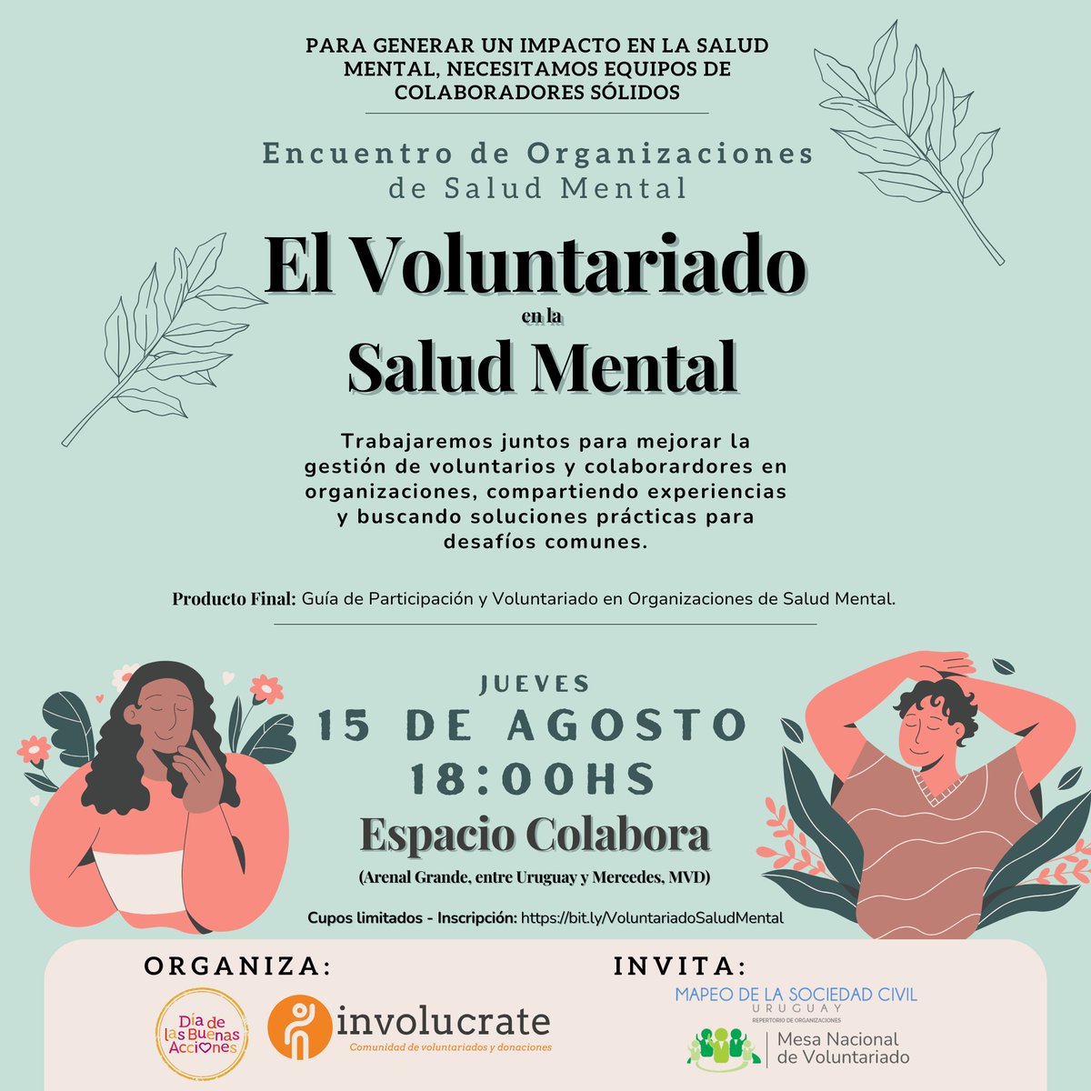 ¡Atención organizaciones de salud mental! 🧠👥
¿Tu organización enfrenta desafíos con los voluntarios y la participación en proyectos? 🤔 Te proponemos juntarnos para entender mejor el problema y buscar soluciones juntos. 🤝
🖋️bit.ly/VoluntariadoSa… 
<a href="/ICD_Uruguay/">ICD_LaSociedadCivil</a> <a href="/mesavolunt/">Mesa Voluntariado</a>