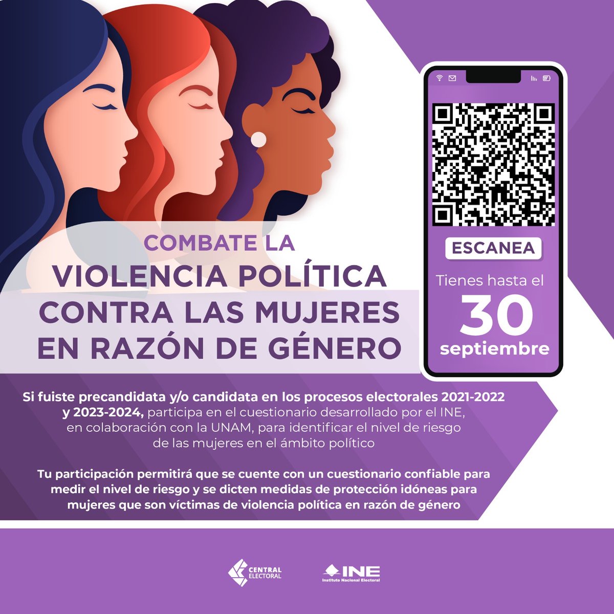 INEMexico's tweet photo. 🙋🏻‍♀️🙋🏽‍♀️ Escanea el código QR y sé parte de la prueba piloto para identificar el nivel de riesgo de las mujeres ante la #ViolenciaPolítica en razón de género.
¡Tienes hasta el 30 de septiembre! https://t.co/k0808nJuD8