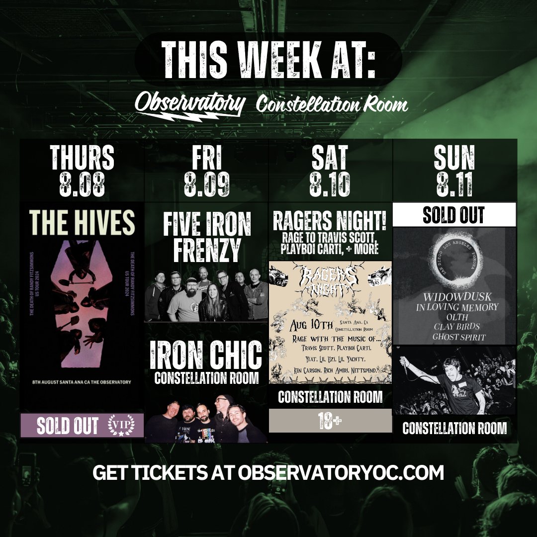 THIS WEEK AT THE OBSERVATORY ⚡ 

⬛ <a href="/TheHives/">The Hives</a> (SOLD OUT)
⬛ <a href="/fiveironfrenzy/">Five Iron Frenzy</a> ✨ <a href="/IronChicTheBand/">Iron Chic</a> 
✨ Ragers Night! (18+)
✨ <a href="/widowduskband/">Widowdusk</a> (SOLD OUT)

🎟️ bit.ly/3ypLVWY