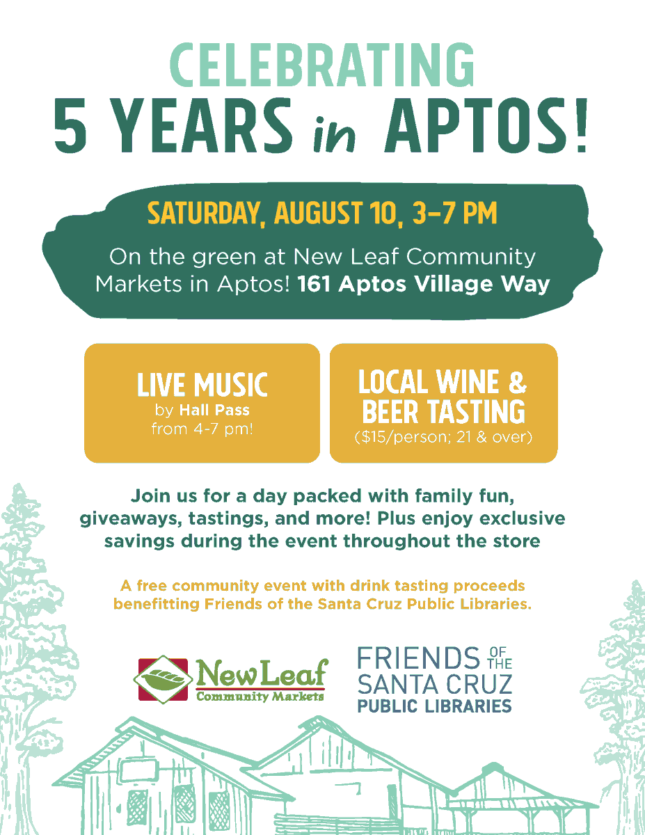 FriendsSCPL's tweet photo. Community event with @newleafcmarket on the green at the Aptos store. Free event featuring live music, sampling, vendors, and local wine &amp; beer tasting. Purchases benefit the Friends of the Santa Cruz Public Libraries.  💞 https://t.co/55gdWk1nj1