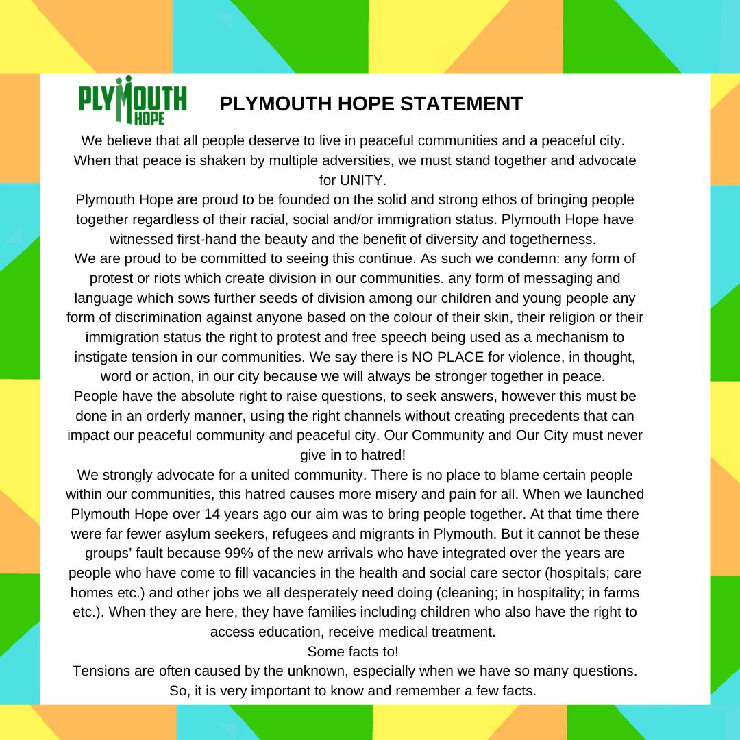 Plymouthhope's tweet photo. In light of recent events happening in Plymouth and around the UK, we would like to pass on the following statement: https://t.co/2FNoH7v9pO