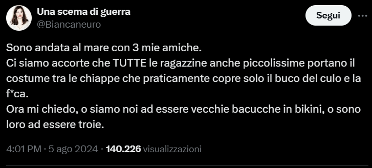 Anni a lottare per far capire che il modo di vestire non giustifica una violenza e poi arriva questo profilo twitter che con tranquillità dà della "troia" alle ragazzine in bikini.
Complimentoni.