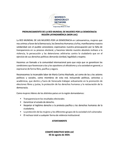 ElaFerris's tweet photo. Declaración de la Women’s Democracy Network #WDNLAC sobre la situación electoral en #Venezuela 🇻🇪 . Es un llamado a defender los #DDHH, la democracia y la paz. Las firmas están en depósito. https://t.co/9bZz6qJ0H1 https://t.co/5XbRWsCwHW