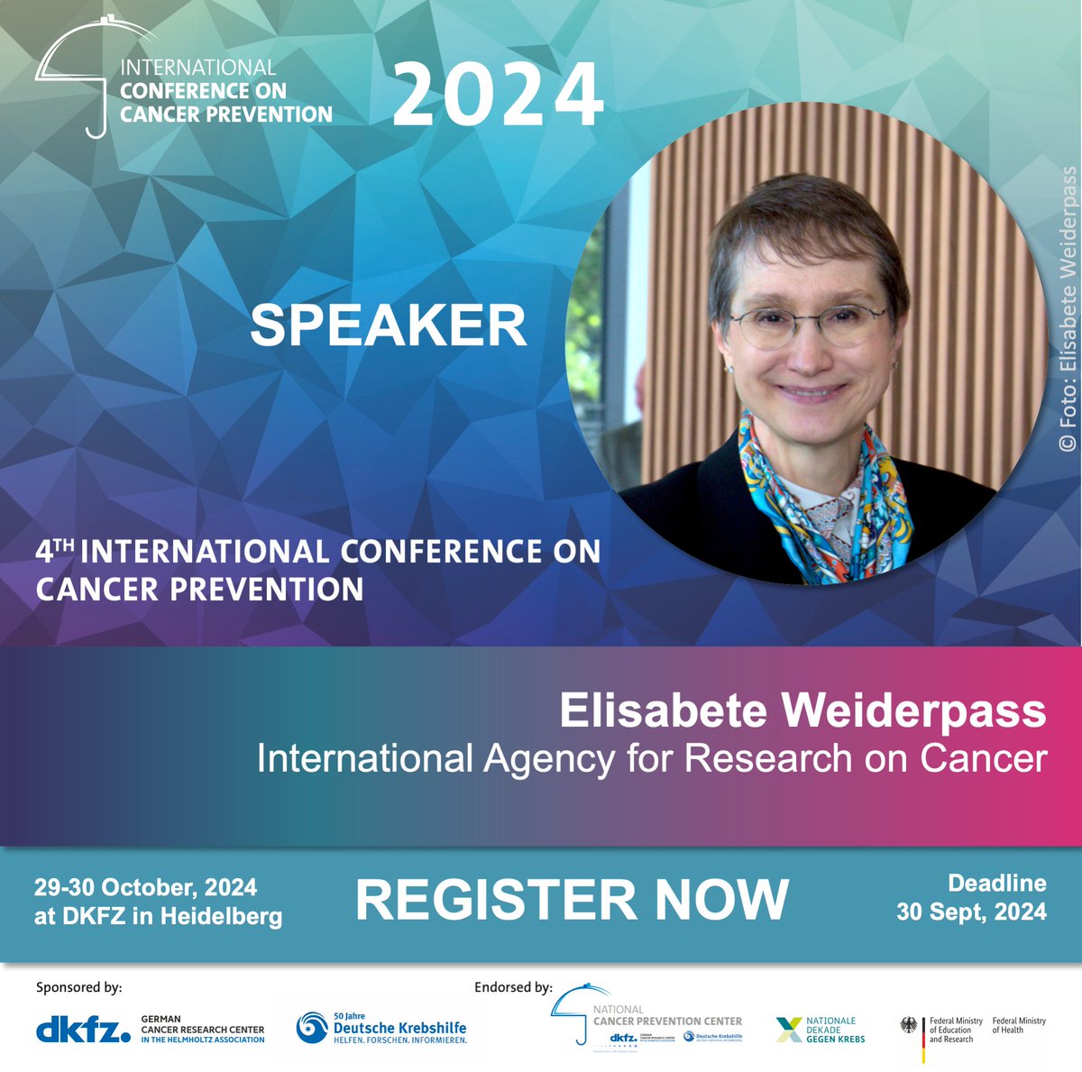 International Conference on Cancer Prevention (@intconfcanprev) on Twitter photo Honored to welcome Dr. Elisabete Weiderpass, Director of <a href="/IARCWHO/">IARC</a>, at #ICCP2024! She'll share insights on "Experience and perspective of the #EUCancerMission," aiming to reduce Europe's cancer burden. Join us to learn about transformative strategies! #CancerPrevention <a href="/IARC_DIR/">Dr Elisabete Weiderpass (views are my own)</a> Honored to welcome Dr. Elisabete Weiderpass, Director of <a href="/IARCWHO/">IARC</a>, at #ICCP2024! She'll share insights on "Experience and perspective of the #EUCancerMission," aiming to reduce Europe's cancer burden. Join us to learn about transformative strategies! #CancerPrevention <a href="/IARC_DIR/">Dr Elisabete Weiderpass (views are my own)</a>