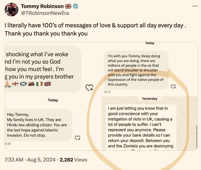 Stephen Yaxley-Lennon (sometimes Tommy Robinson) deleted this Tweet, as he accidentally included his (now) ex-lawyer telling him that he will no longer represent him.

👏🏼👏🏼👏🏼