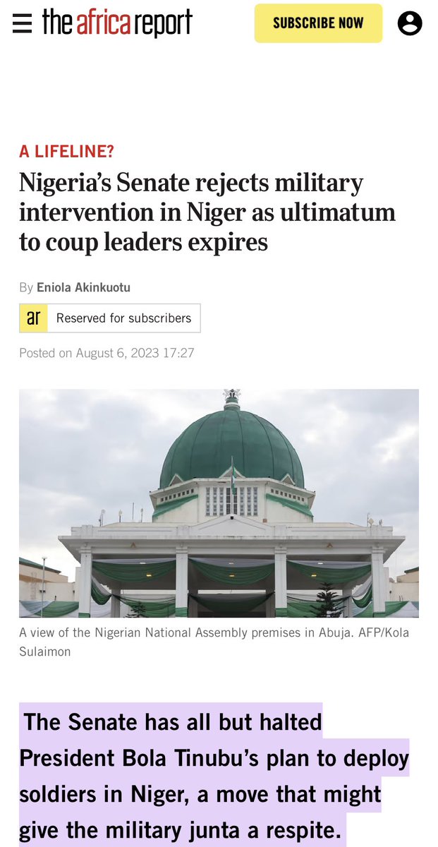 afrisagacity's tweet photo. This explains why Northern Senators fully backed the Senators from the 7 states to reject the request Tinubu sent to the National Assembly, asking for their approval of the invasion. 

Recall, that day the Senate debated on the request - I guess, it’s on the 6th of August, 2023 - the Senate had a troubling,
 rowdy session. 

Goodwill Akpabio who’s Tinubu’s “right-hand man” just couldn’t push it. He met more frustrating pushbacks and was, eventually, cowed into silence.