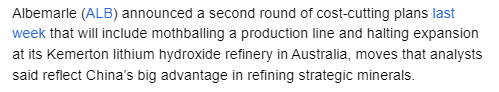 jczuleta's tweet image. #Albemarle urges state help to compete with #China as #lithium producer struggles: seekingalpha.com/news/4134290-a….
If I were them, I would consider seriously not only cutting costs but also production.