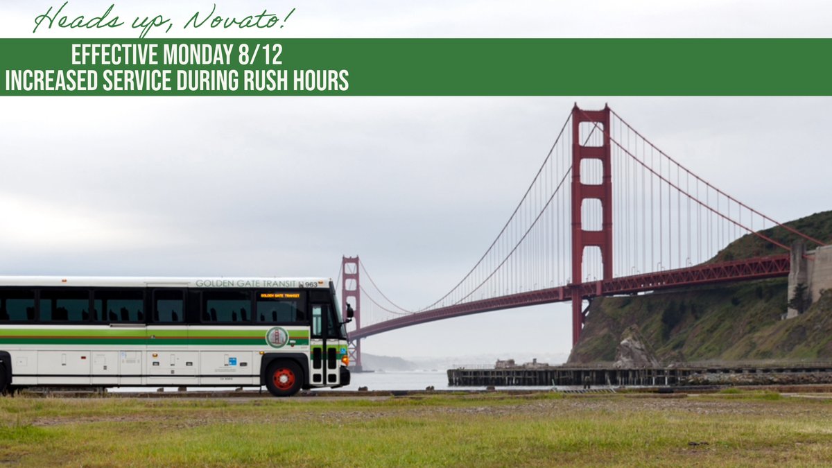 GoldenGateBus's tweet image. Hey Novato! Beginning Mon 8/12, GGTransit will increase service in Novato during rush hours. Preview new schedules: ow.ly/Wbsr50SRBEZ

🚌 #Novato #GoldenGateTransit #PublicTransit #CommuteLife #BayAreaCommute #Transportation #RushHour #NewSchedule #CommunityTransport