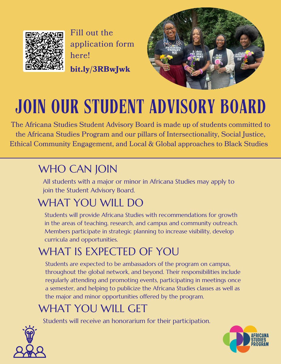 Don't forget that Applications for our Africana Studies Student Advisory Board are now open! We are looking for students with a major or minor in Africana Studies, who are committed to our program and our core pillars. Apply now via the QR code below or the link in our bio!