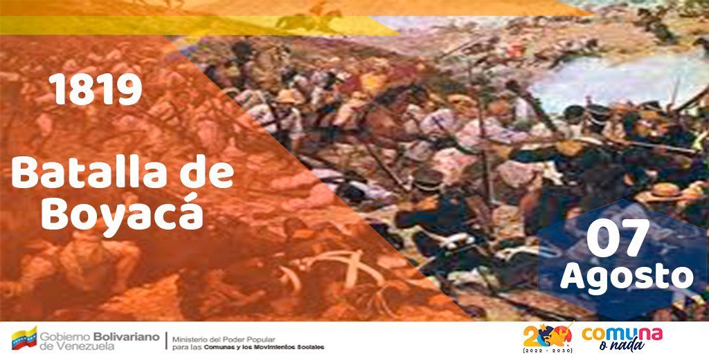 #Efeméride 🗓️ | #7Ago de 1819. Las fuerzas de Simón Bolívar, con el ejército libertador de Venezuela y Nueva Granada, se enfrentaron a un ejército español dirigido por el general José María Barreiro. La Batalla de Boyacá consolidó la independencia de Nueva Granada.