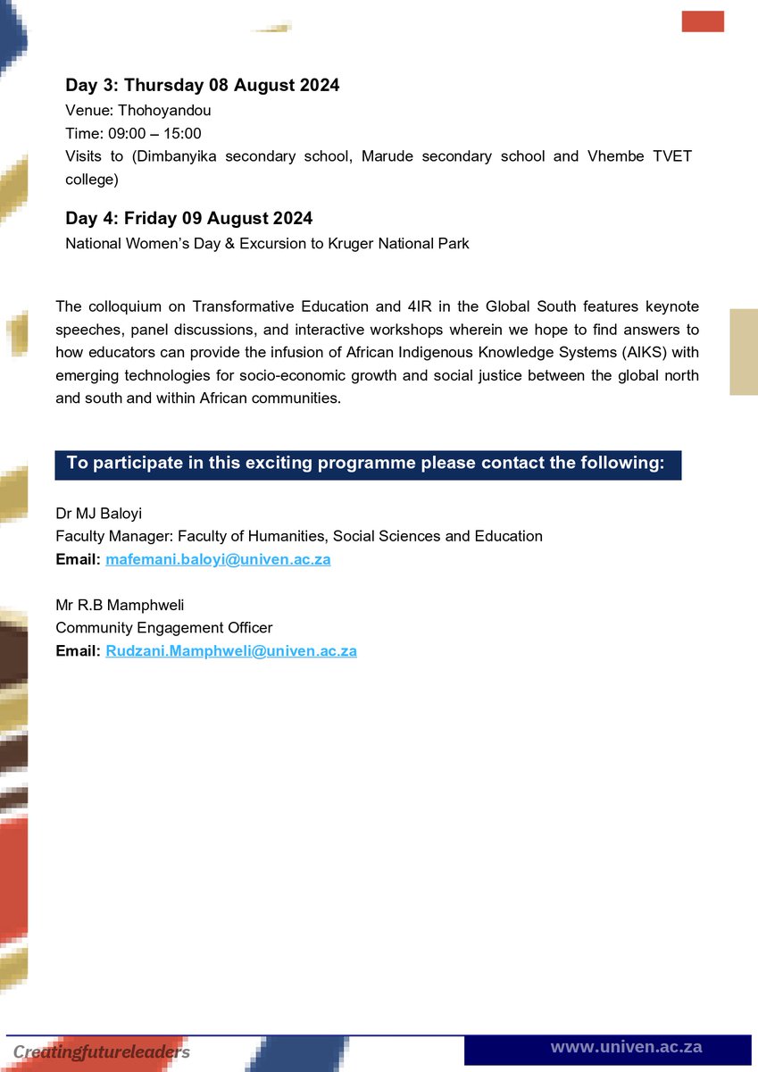 Univenofficial's tweet photo. The University of Venda is proud to host the University of the West Indies and the University of Belize for an event on ‘Transformative Education and 4IR in the Global South’ from 6 - 9 August 2024. https://t.co/i4I22ABW9c