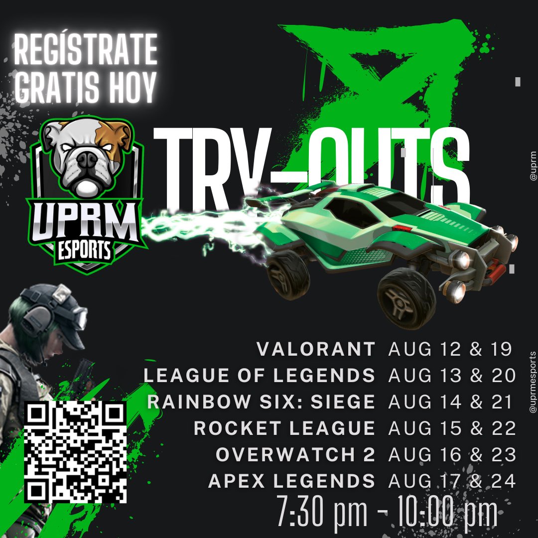🎮 ¿Listo para subir de nivel? 🌟

Estamos organizando tryouts y queremos que TÚ seas parte de nuestros equipos! 
Buscamos jugadores de todos los niveles de habilidad.🤖

Agosto 12-17 y 19-24 7:30-10pm

Regístrate hoy:
uprmtryouts.carrd.co

#uprmesports <a href="/uprm/">RUM/UPRM</a>
#Tryouts