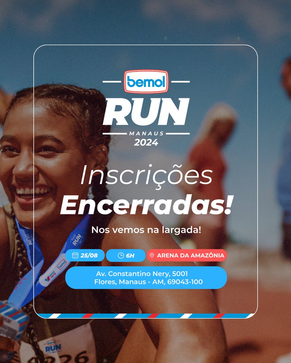 Inscrições encerradas!🏁🏃🏻‍♀️ Agradecemos a todos que se inscreveram. Estamos ansiosos para vê-los no dia da corrida. Fiquem atentos às nossas redes sociais para mais novidades. Nos vemos na largada! #BemolRunManaus2024 💙