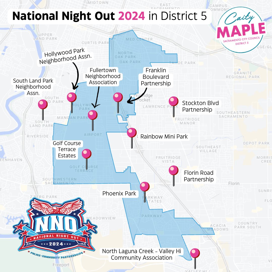 CaityMapleD5's tweet photo. Tomorrow is #NationalNightOut in Sacramento! It's all about meeting our community where they're at and getting to know our neighbors right in their front yards -- join #TeamCaity at these TEN neighborhood events tomorrow evening! https://t.co/YofYmtQhXQ