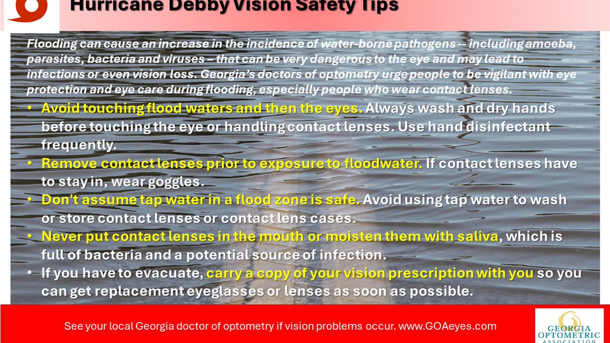 #HurricaneDebby: Flooding can cause an increase in the incidence of water-borne pathogens -- including amoeba, parasites, bacteria and viruses – that may lead to eye infections or even vision loss. Georgia's #optometrists are offering #flood eye care precautions. #BeVisionSmart